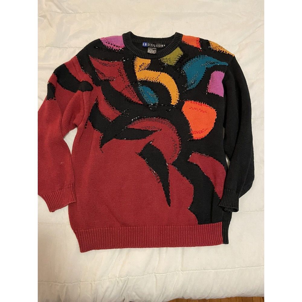 IB‎ Diffusion 90's Y2K Beaded Patchwork Sweater Womens Size S Abstract Art Knit